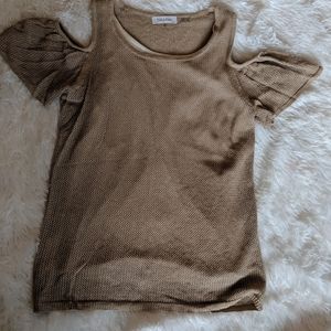Calvin Klein Cold Shoulder tan/ gold top xs